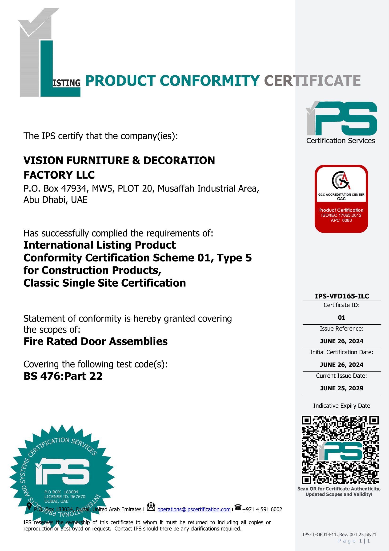 Vision Furniture & Decoration Factory LLC IPS product conformity certificate fire rated door assemblies