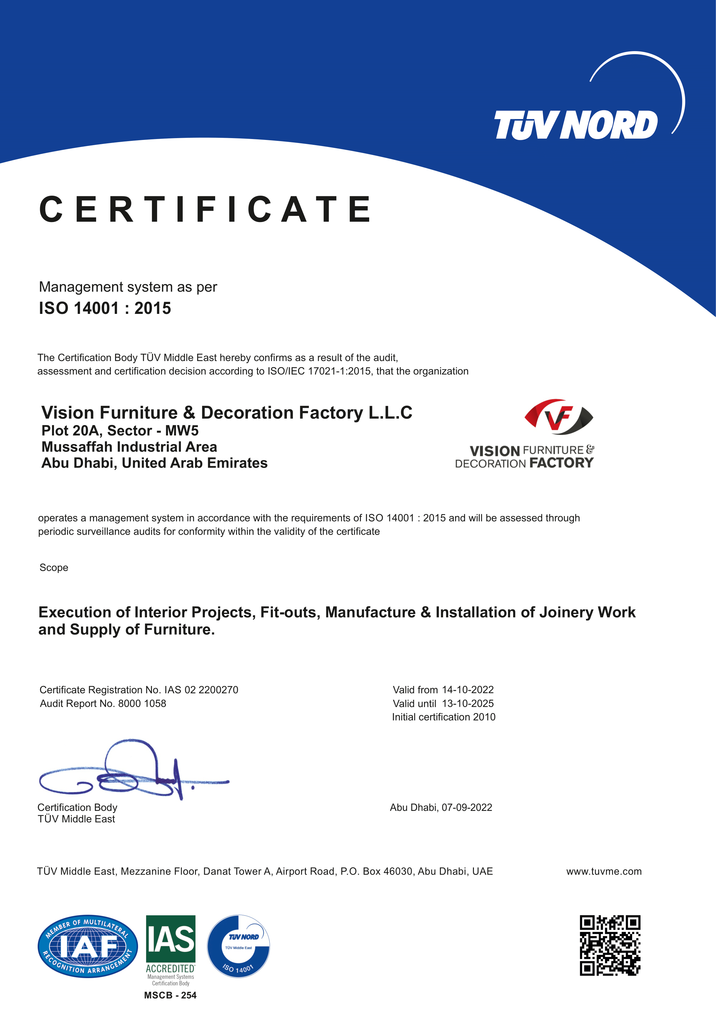 Vision Furniture & Decoration Factory LLC ISO 14001 environmental management certification