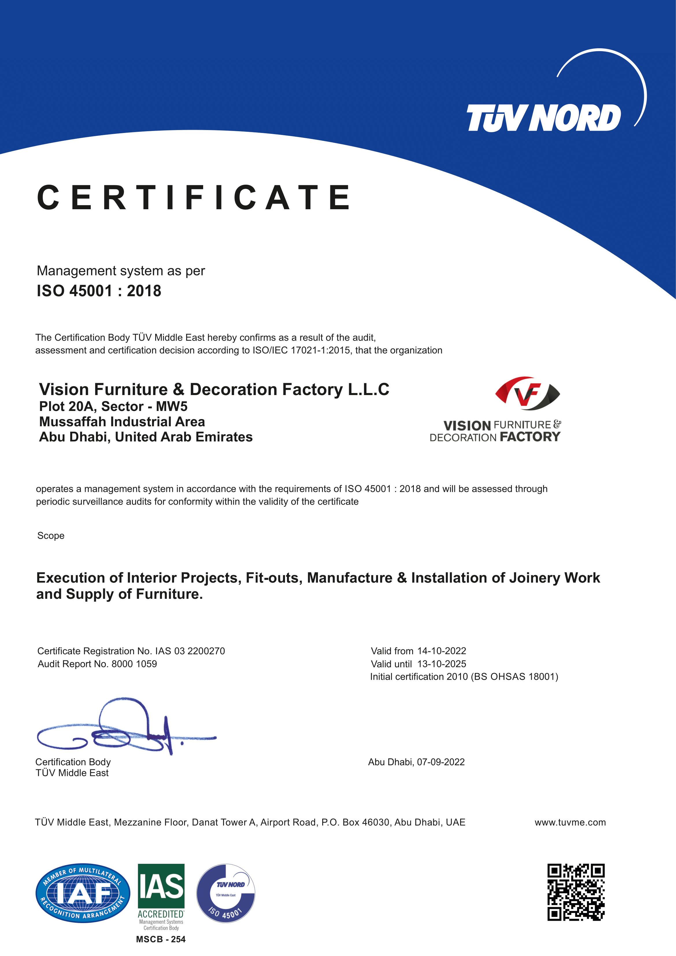 Vision Furniture & Decoration Factory LLC ISO 45001 occupational health and safety certification