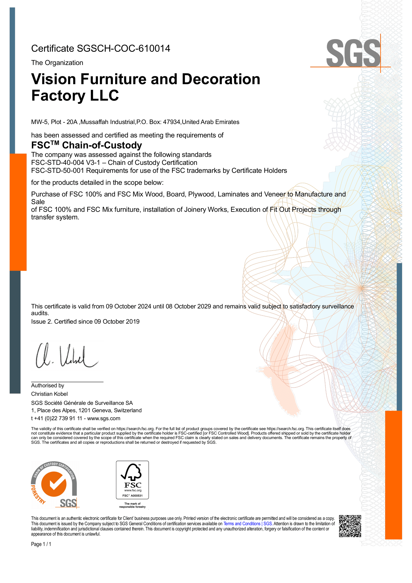 Vision Furniture & Decoration Factory LLC FSC chain of custody certification by SGS